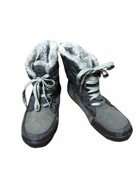 Winter Snow Boots Womens 9 Gray Quilted Tie Up Faux Suede Faux Fur Lined